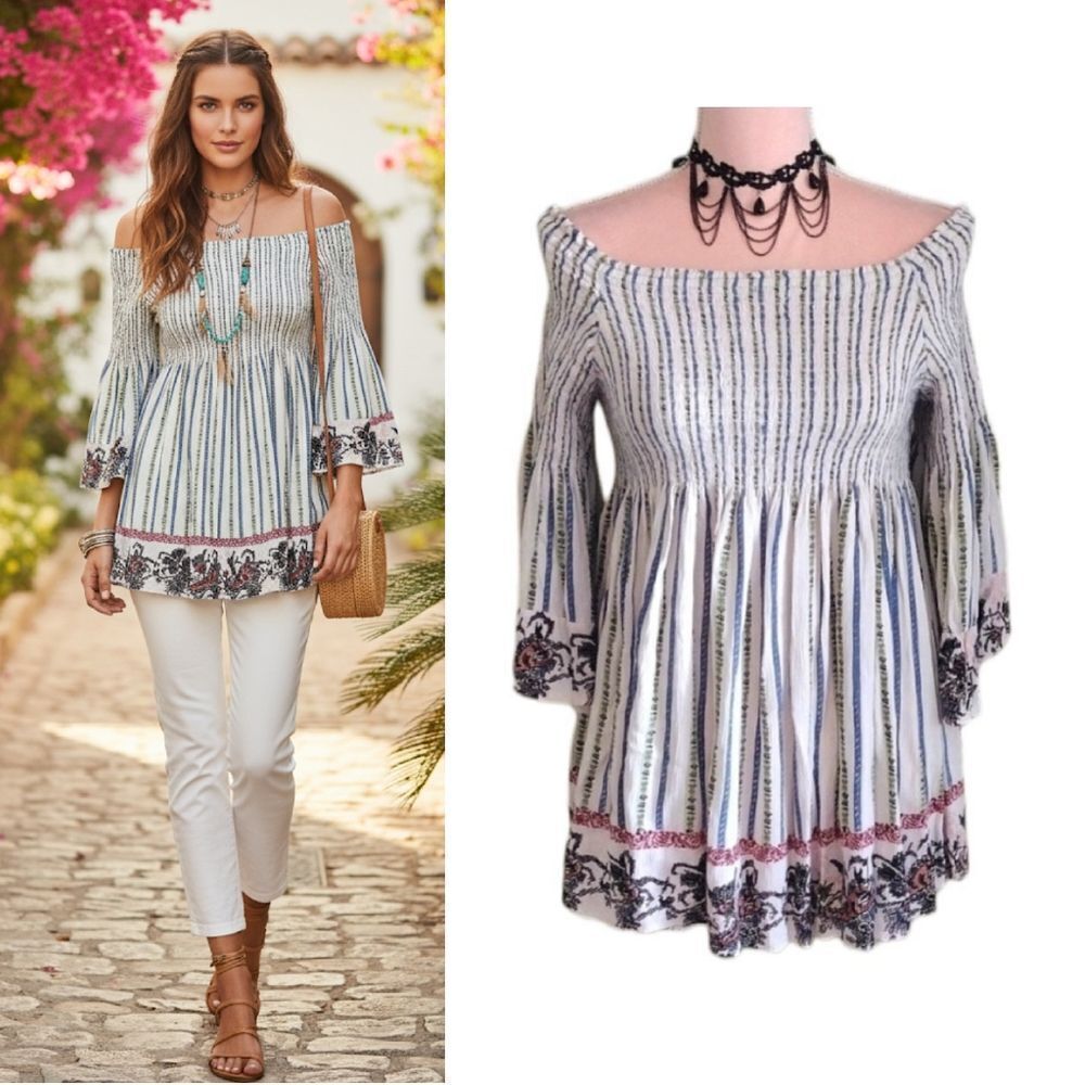 Sand & Sky White Blue Printed Off Shoulder Bell Sleeves Smock Top XL